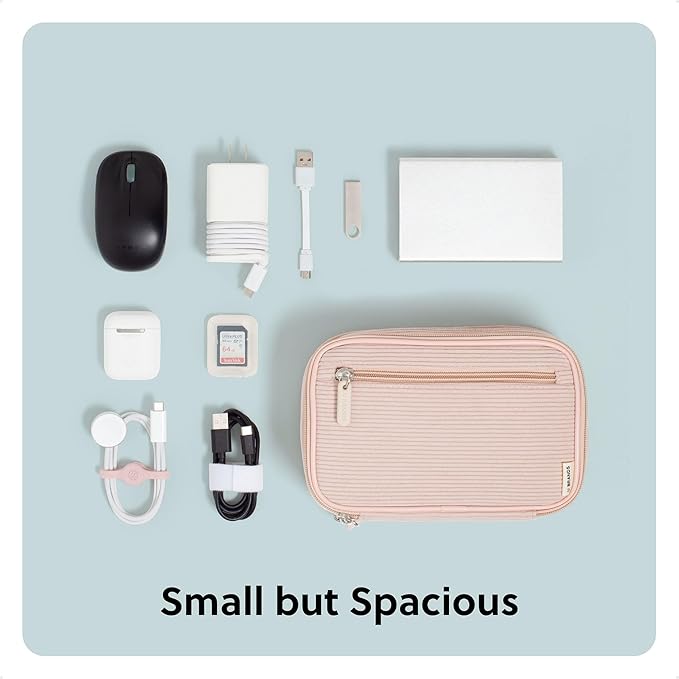 U Brands Dual Zip Corduroy Travel Electronics Organizer, Tech Carry Case, Portable Travel Bag, Cord Storage, 8" x 5.25" x 2.5", Dusty Rose Pink