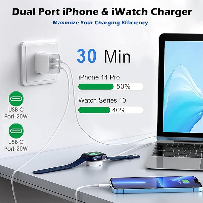 Fast Charger for Apple Watch Charger,iPhone Dual Port Wall Charging Block with 6.6FT Magnetic Wireless Cable for iWatch Charger,USB C to Lightning Cable for iWatch Series 11/10/9/8/7/6/SE2/5/iPhone 14