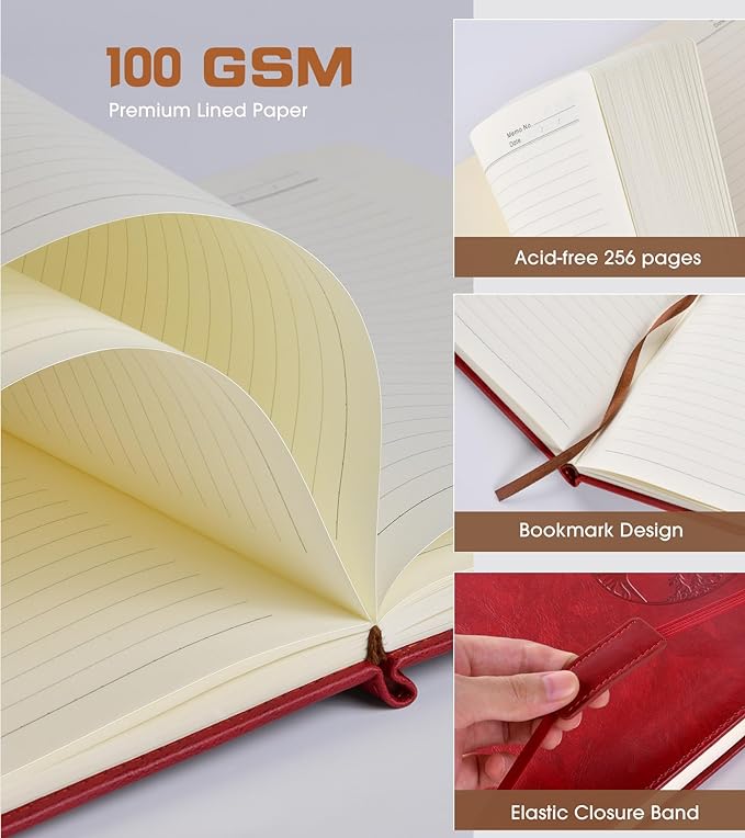 Lined Journal Notebook for Women Men,256 Pages A4 Large Hardcover Leather Journals for Writing,Travel,Business,Work,School,College Ruled Notebooks for Note Taking,Diary Notepad 8.6"×11"(Wine red)