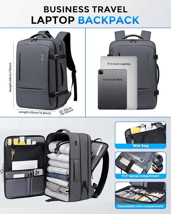 17.3 Inch Travel Laptop Backpack for Men, Water Resistant Carry On Backpack with USB Port, Expandable Computer Daypack, Grey Business Backpack for College/Work