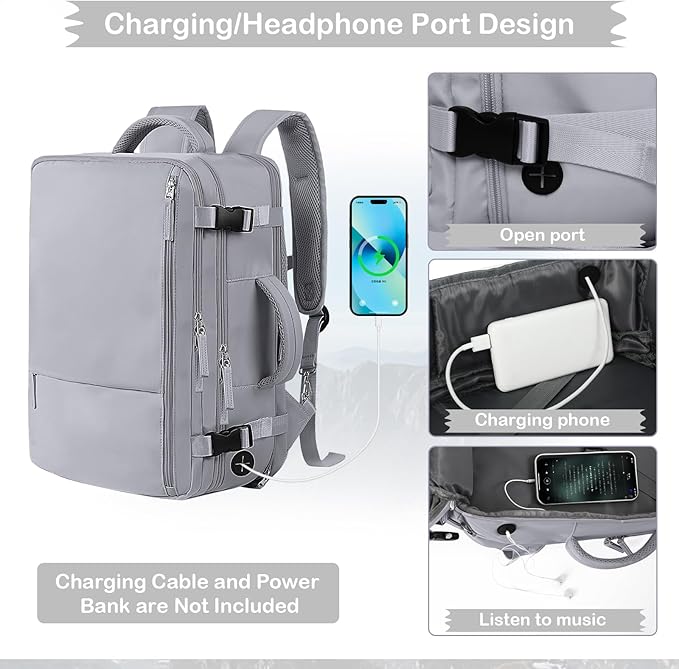 Hanples Extra Large Travel Backpack for Women as Person Item Flight Approved, 40L Carry On Backpack, 17 Inch Laptop Backpack, Waterproof Backpack, Hiking Backpack, Casual Bag (Gray)