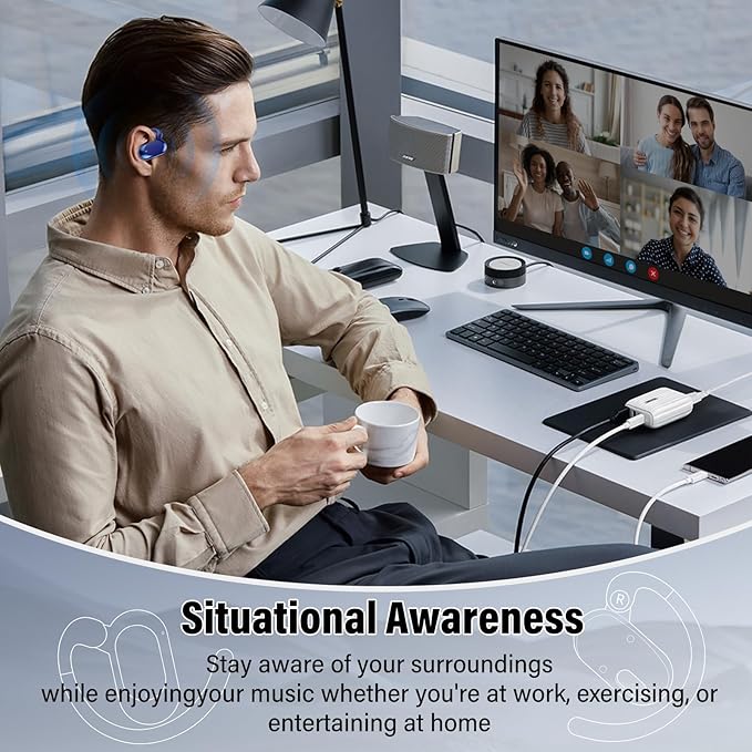 Open Ear Headphones, Bluetooth 5.4 Earphones 36H Playtime Air Conduction Headphones with Mic, Adjustable Earhook Earbuds with ENC Clear Calls/LED Display, IPX7 Waterproof Open Ear Earbuds, Blue