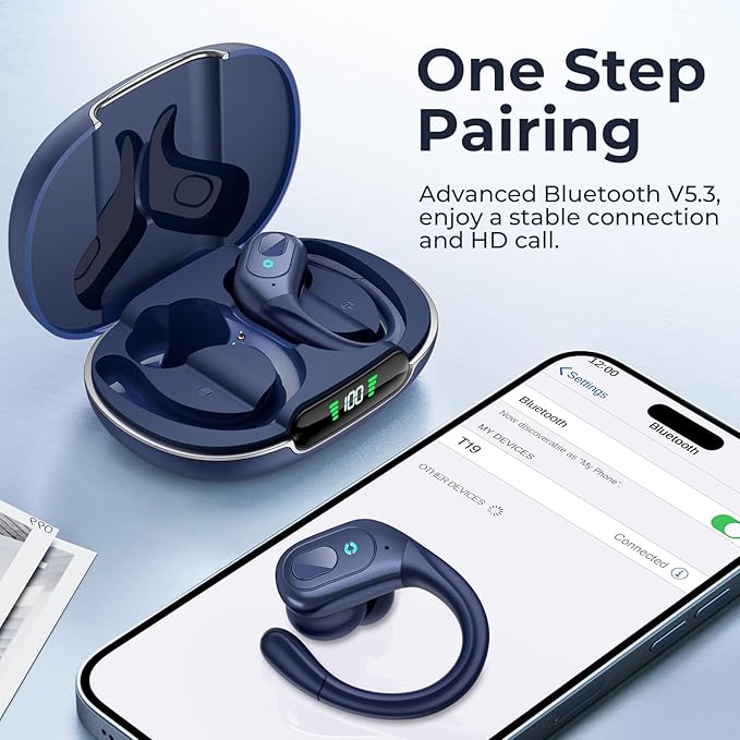 occiam Active Noise Cancelling Ear Buds Bluetooth Headphones Wireless Earbuds 90Hrs Playback Stereo Bass Earphones with Over-Ear Hooks IPX7 Waterproof Earbud for Sports Running Gym Workout Deep Blue