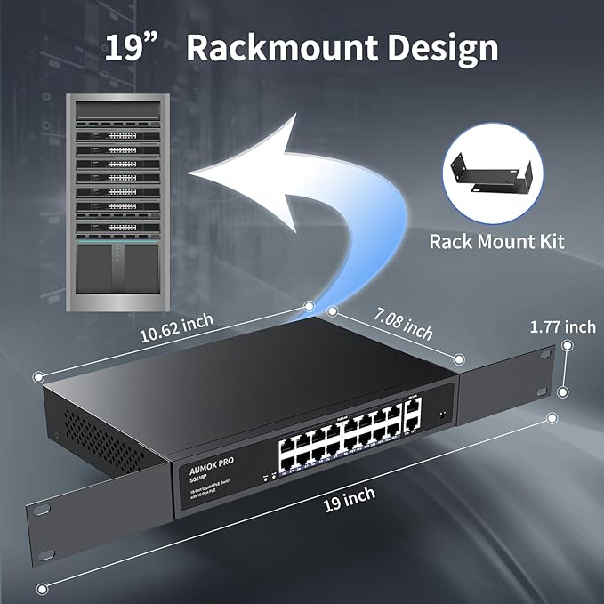 16 Port Gigabit PoE Switch,AUMOX PRO SG518P 18 Ethernet Unmanaged PoE with 2 Gigabit Uplink 250W,Plug and Play,Sturdy Metal Desktop, Wall Mount or Rackmount Network Switch, 802.3af/at Compliant