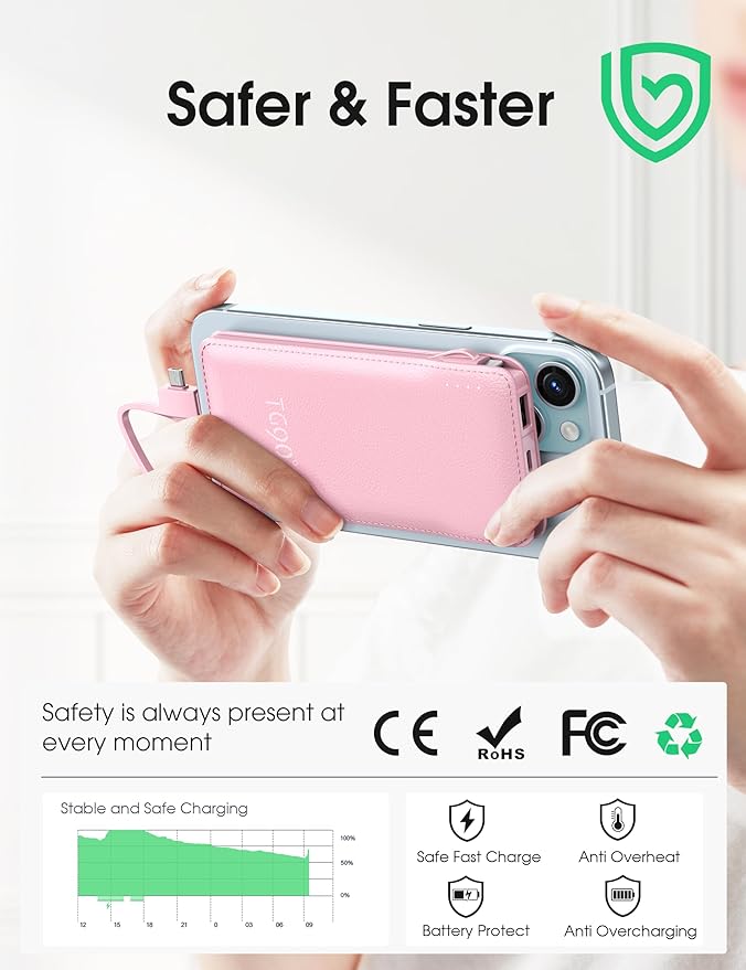 TG90° 2 Pack Slim 10000mAh Power Bank Built-in Foldable AC Wall Plug and Cables,Ultra Compact Cell Phone Charger,Pocket Size USB C Portable Charger Compatible with iPhone Samsung,Black & Pink