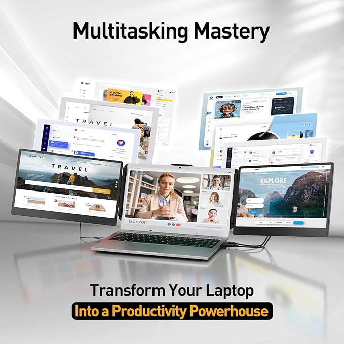 KEFEYA Laptop Screen Extender, 14.2" Portable Triple Monitor for Laptop with Full HD IPS Display, Monitor Extender Compatible with Mac, Windows, Chrome, Fits 13-17 Inch Laptops