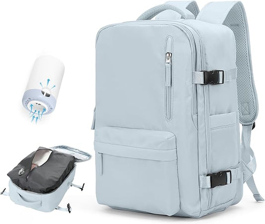 Vacuum Travel Backpack with Pump for Women, Personal Item Carry on Backpacks Flight Approved 18x14x8 inches for Men,Laptop Waterproof Work Compression bags Casual Daypack,Blue