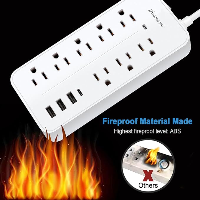 10FT Surge Protector Extension Cord with USB C, Flat Plug Power Strip - 8 Outlets & 3 USB Ports (A x 2, C x 1), Wall Mount Desk Power Strip - White, ETL Listed