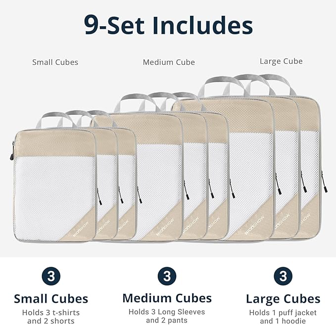 Compression Packing Cubes for Travel, Lightweight Travel Essentials, Packing Cubes Compression for Space-saving, 9 pcs, Beige