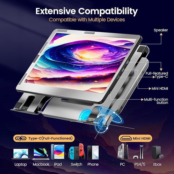 14" Portable Monitor for Laptop, 360° Rotation Laptop Screen Extender with Stand, 1080P FHD IPS Display, HDMI/USB-A/Type-C Plug and Play for Windows, Mac, PC, Xbox, Switch & PS4/5