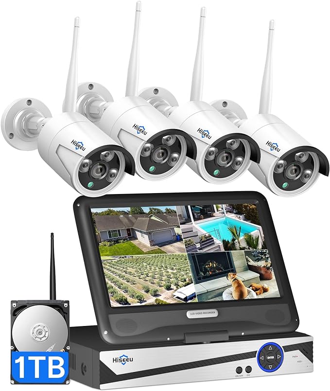 [16CH Expandable] Hiseeu Wireless Security Camera System with 10in LCD 4K Monitor, 4Pcs 5MP Outdoor Indoor Cameras with One-Way Audio, Waterproof, Motion Detect, 1TB HDD/Cloud Storage