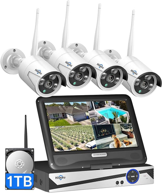 [16CH Expandable] Hiseeu Wireless Security Camera System with 10in LCD 4K Monitor, 4Pcs 5MP Outdoor Indoor Cameras with One-Way Audio, Waterproof, Motion Detect, 1TB HDD/Cloud Storage
