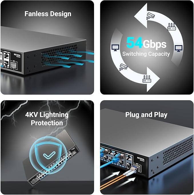 NICGIGA 24-Port Gigabit PoE Switch with 24 PoE+@300W, 2 Gigabit Uplink Ports, 1 SFP, Sturdy Metal for Desktop/Rack Mount, Plug and Play, Unmanaged Power Over Ethernet Switch