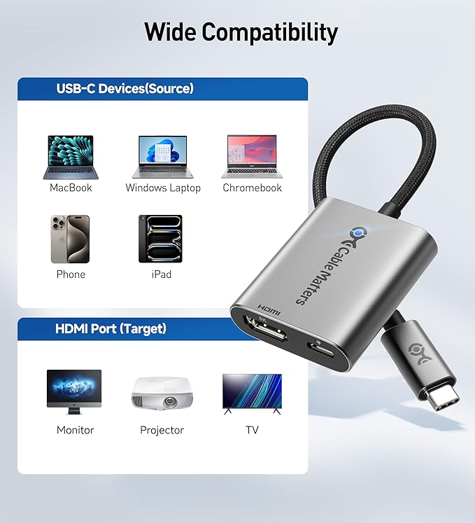 Cable Matters 48Gbps USB C to HDMI 2.1 Adapter with 140W Charging for MacOS, Windows, Supports [4K@240Hz /8K@60Hz HDR], Thunderbolt to HDMI Adapter, Compatible for MacBook, XPS, NO VRR Support