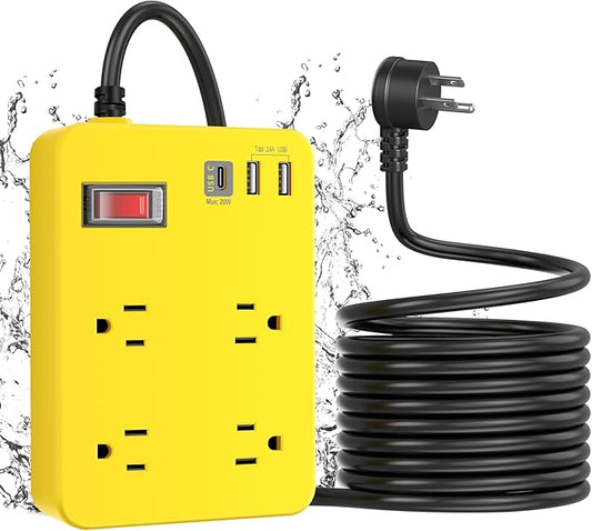 Outdoor Power Strip Weatherproof,Fast Charging Station 20W USB C,Waterproof Surge Protector 4 Outlets, Multi Outlet Extension for Camping, Garden, Kitchen,Bathroom,Flat Plug (Yellow, 25 FT Cable)