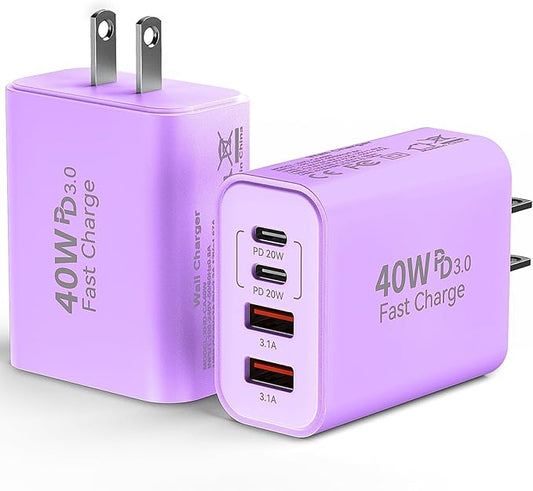 USB C Wall Fast Charger Block, 40W 4-Port Type C Chargers Fast Charging Blocks PD Power Charger Adapter+QC 3.0 USB Multiport Charger Brick for Phone 17/16/15/14/13/12 Pro Max, i-Pad, Galaxy S25-2Pack