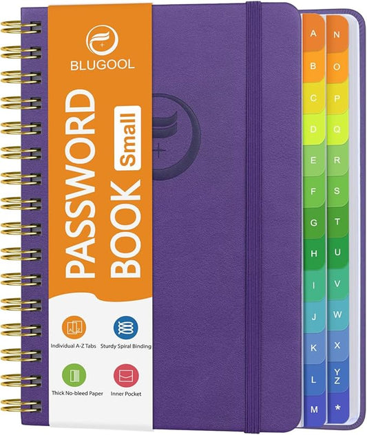 Small Password Book with Alphabetical Tabs, Password Keeper Book for Seniors, Individual & Colorful Tabs, Spiral Hardcover Password Notebook Small for Website Logins, 4.7" x 5.8", Purple