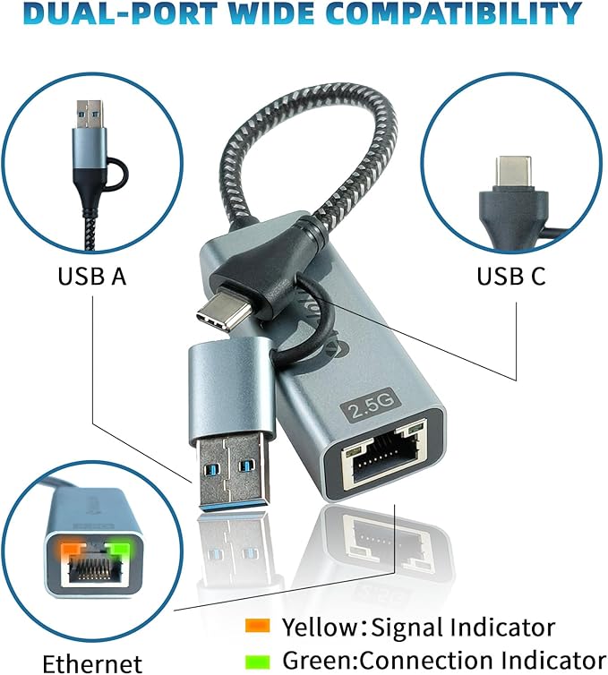 USB to Ethernet Adapter, 2.5Gbps USB C to RJ45 Gigabit LAN, 2-in-1 Ethernet Adapter for Laptop (Thunderbolt 4/3 Compatible), Aluminium Shell&Nylon Cable for Laptop, MacBook,Chromebook,PC and More