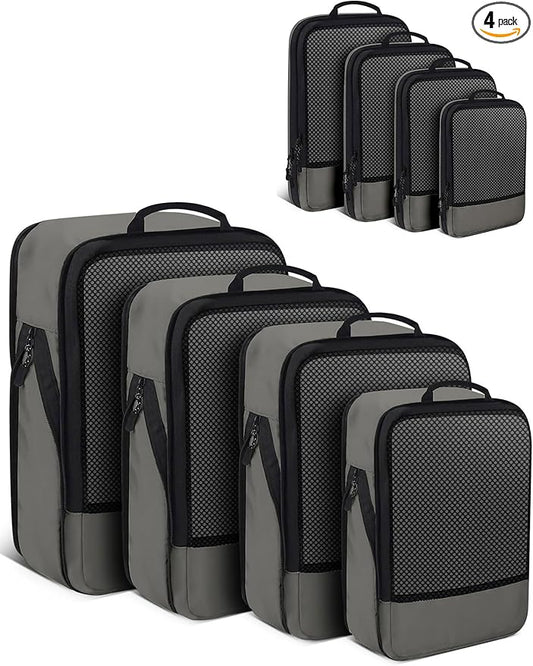 4 PCS Set Compression Packing Cubes for Travel, Lightweight Packaging Organizer Bags for Carry On Space Saving, Travel Essentials Cubes for Suitcase Backpack, Grey