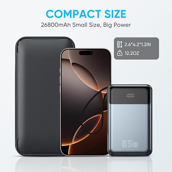 Laptop Power Bank,26800mAh Laptop Portable Charger with Built in Type-c Cable,65W Fast Charging,3-Port Battery Pack,Smart Display,for MacBook,iPad,iPhone,Switch,AirPods,Samsung