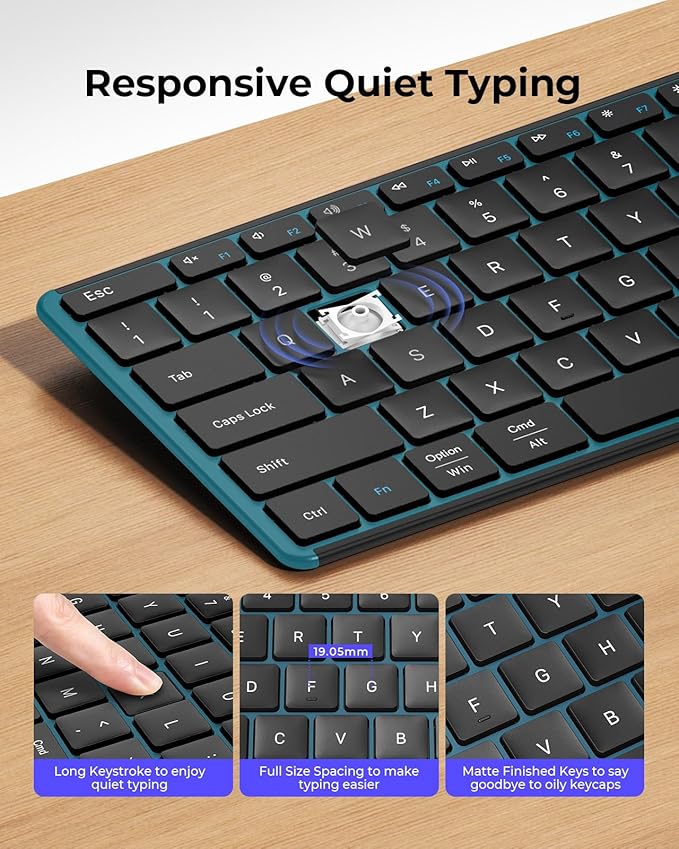 seenda Wireless Bluetooth Keyboard and Mouse Combo (USB + Dual BT), SKM64-3 Multi-Device Rechargeable Slim Keyboard and Mouse, Compatible for Win 7/8/10, MacBook Pro/Air, iPad, Tablet - Black Blue