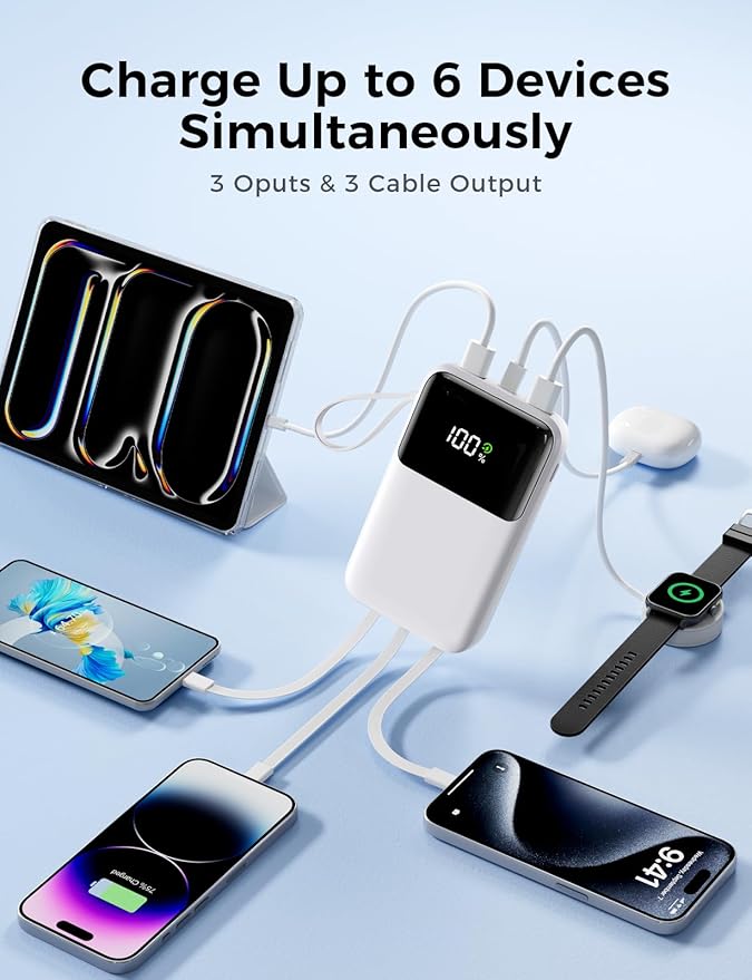 Power Bank, 15000mAh Portable Charger with Built in Cable, 22.5W Fast Charging, 6 Outputs, Slim Travel Essential Battery Pack with LED Display, Compatible with iPhone 16/15/14/13, Samsung, iPad, etc