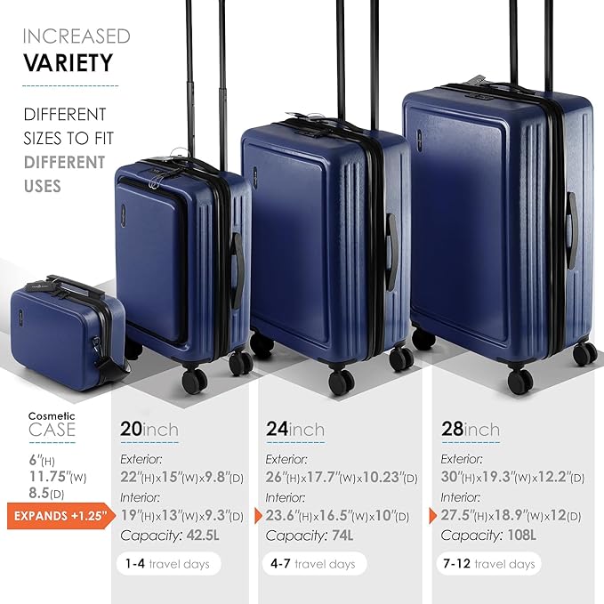 Hard Shell Luggage Sets with Spinner Wheels 4 Piece, Expandable Large Suitcases with TSA Lock, Travel Large Suitcase Set, Navy Luggage Set