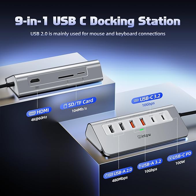 USB C Hub 10Gbps, 9-in-1 USB 3.2 Hub with 4K@60Hz HDMI, Type-C 3.2, 2 USB-A 3.2, 2 USB-A 2.0, PD 100W, SD/TF Slot, 3.28FT Aluminum USB Hub for PC, iPhone 16/15 Series, MacBook Air/Pro and More