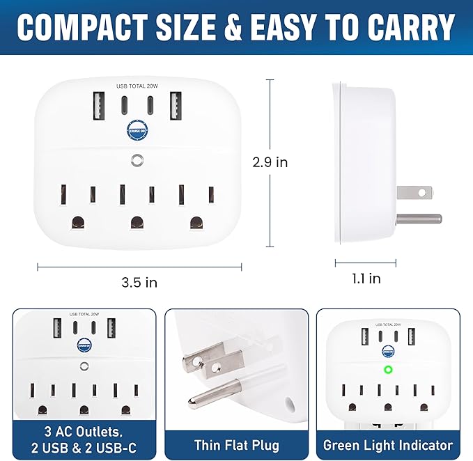 Cruise Approved Non Surge Power Strip [2 USBC, 2 USB, 3 AC] - Cruise Essentials for Carnival, Celebrity, Princess, Norwegian, MSC & Major Cruise Lines
