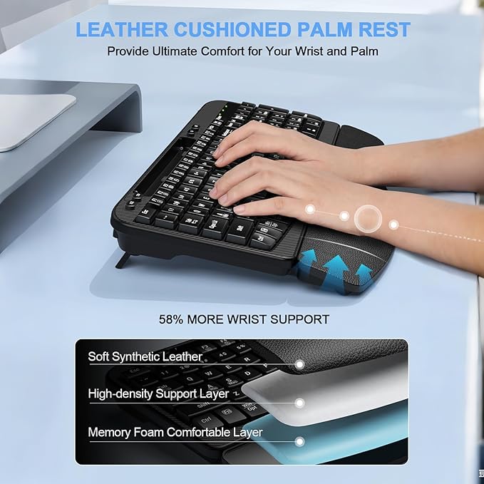 Ergonomic Wireless Keyboard with Cushioned Wrist Rest, Wave Keys, Phone Holder, Comfortable Natural Typing, 2.4GHz Full Size Cordless USB Computer Keyboard for Laptop, Mac, Windows (Black)
