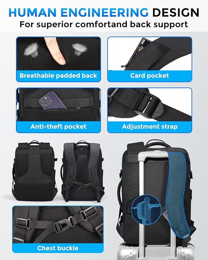 Travel Backpack for Men, Flight Approved Carry On Luggage Backpack with USB Port, Water Resistant Expandable Computer Daypack, 17.3 Inch Black Business Laptop Backpack for College/Work