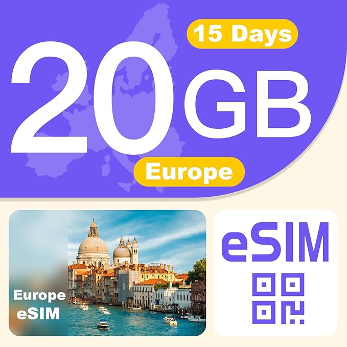 Europe eSIM Card 20GB 15 Days - 4G LTE High-Speed Network, Prepaid eSIM for 30+ Countries (Including Switzerland), Hotspot Support, No Contract & No Physical SIM Card Needed (Local Carriers eSIM)