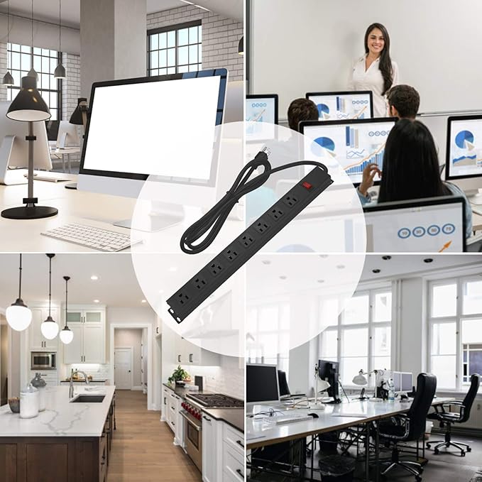 Metal 8 Outlet Mountable Power Strip, Wall Mount Outlet Heavy Duty, Wide Spaced Commercial Shop Power Strip with Switch, 15A 125V 1875W, 6 FT SJT 14AWG Power Cord (12FT)