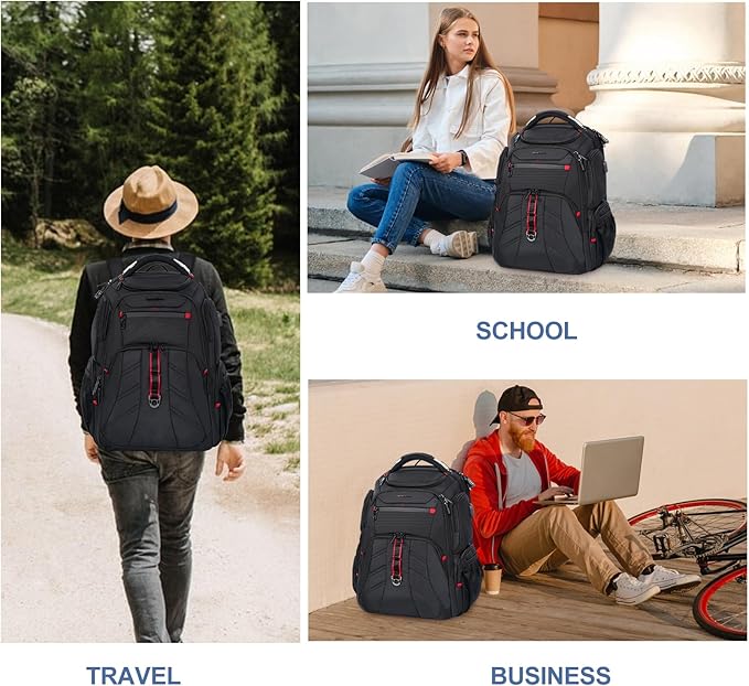 VANKEAN Travel Laptop Backpack 17.3 Inch TSA Friendly, Water-Repellent Anti Theft XL Computer Backpack with RFID Pockets College Backpacks with USB Port for Men Women Business Work Bag, Black