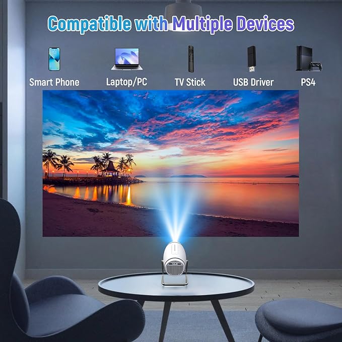 Mini Portable Movie Projector with WiFi and Bluetooth, 4K 1080P Support, 180° Rotatable 130'' Screen, Auto Keystone Compatible with HDMI/USB/Smartphone/PC/Laptop