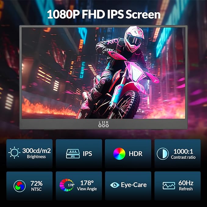 LR Portable Monitor, 15.6” 1080P FHD USB-C HDMI, Ultra-Slim IPS HDR Display with Cover and Built-in Speaker, Travel Monitor for Laptop/PC/Phone/Mac/Xbox/Switch/PS4/PS5, VESA Mountable