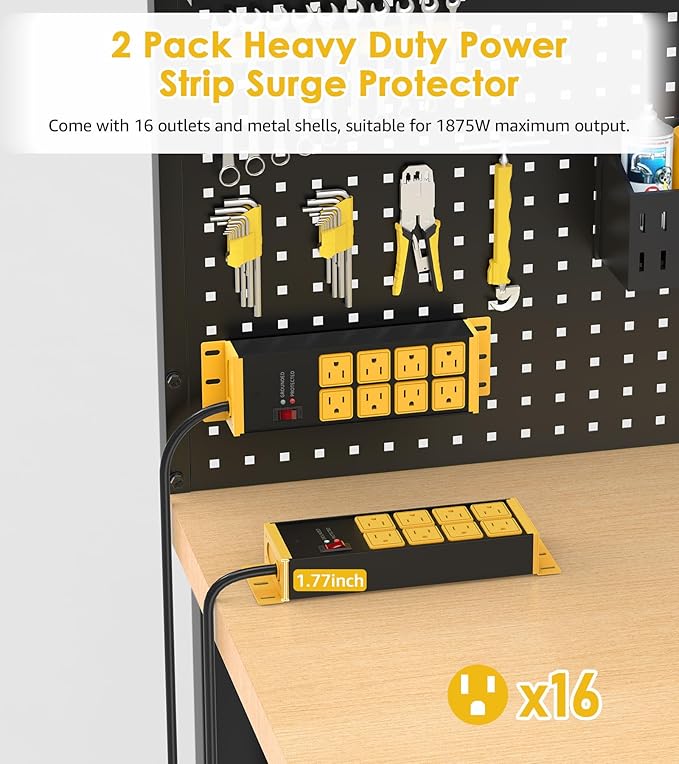 HHSOET 2 Pack Heavy Duty Power Strip 8 Outlets, Metal Wall Mount Outlet Strip 4800J Surge Protector, Garage Shop Under Desk Mountable 10FT Extension Cord Plug.