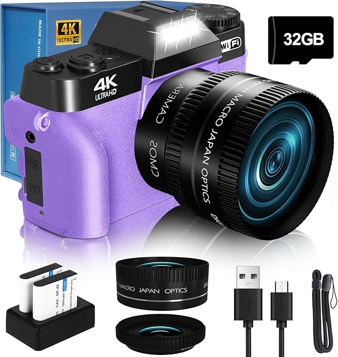 2024 Upgrade VJIANGER Digital Camera for Photography Vlogging Camera for YouTube with WiFi, 180° Flip Screen, 16X Digital Zoom, 52mm Lens, 2 Batteries, 32GB Micro SD Card(Purple)