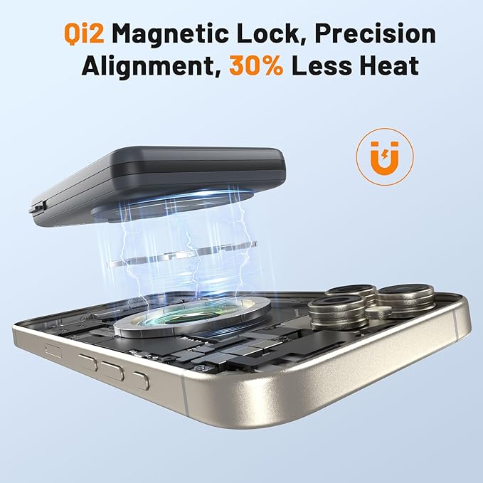 Magnetic Portable Charger 10,000mAh Qi2 Certified 15W Fast Charging Wireless Power Bank, Magsafe Battery Pack with Foldable Stand, PD20W USB C Built in Cable, for iPhone 16/15/14/13/12 Series