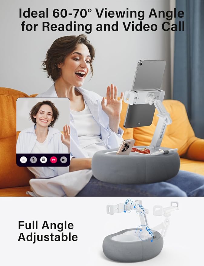 Tablet Kindle Pillow Stand Holder with 2 Trays Fit 4''-13'' Phone/Tablet/Kindle iPad Holder Stand for Bed with Soft Plus Fabric Reading Accessories Gift for Reading, Gray