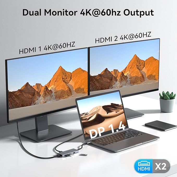 USB C Docking Station Dual HDMI Monitor 4K 60 Hz USB C to Dual HDMI Adapter with 2 hdmi Ports, USB-C Hub 2 Monitors with 3 USB Port PD Charging Compatible for Dell XPS HP Surface Yoga etc