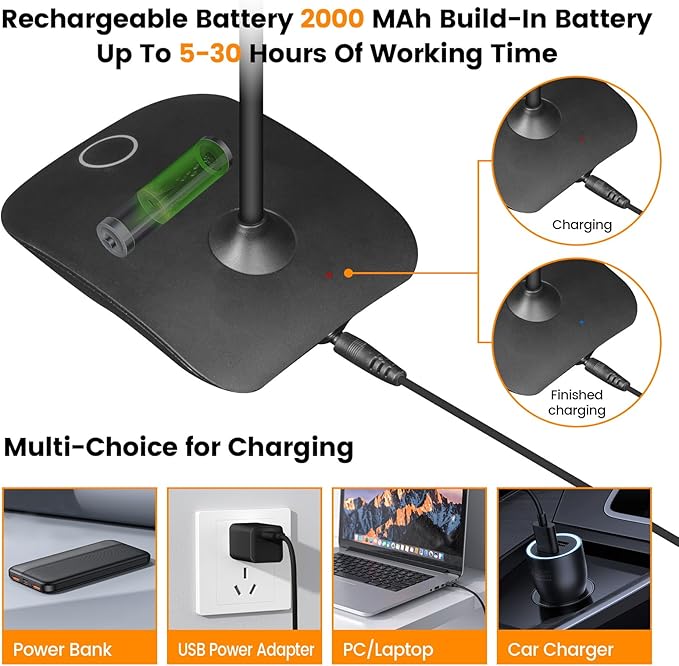 Battery Powered Desk Lamp, Portable Lamps Rechargeable 3 Color Modes Touch Control Stepless Dimming, Wireless Desk Lamp with 2000mAh, Small LED Table Light for Dorm Study Office Bedroom,Black
