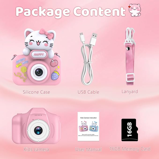 Kids Digital Camera Toys for Girls Ages 3-8, Children Video Camera with Protective Silicone Cover, Birthday Gifts for 3 4 5 6 7 8 Year Old Girls with 16GB SD Card