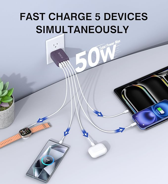 50W 2-Pack USB C Wall Charger Block, 5-Port C Charger Fast Charging Block PD Power Adapter +QC 3.0 Multiport Type C Box Brick Cube USB A Wall Plug for iPhone 14/15/16/17 Pro Max,Samsung Galaxy(Purple)