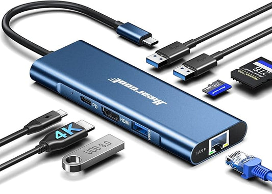 Hiearcool USB C Hub, 8in1 USB-C to 4K 60Hz HDMI Docking Station, USBC Ethernet Multi-Port Adapter 100W PD Dock Compatible for MacBook Pro Air M1 Dell HP Lenovo and Other C Devices-Midnight Blue