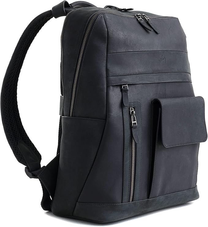 VELEZ Black Leather Backpack for Men & Women - Large Capacity Laptop Travel Backpack with 17" Sleeve - Vintage Travel Bag with Adjustable Straps, Multiple Pockets & Trolley Sleeve