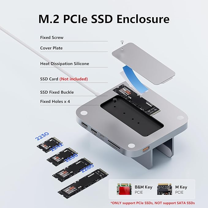 Mac mini Hub M1 M2 with M.2 SSD Enclosure (NOT for M4 2024), 8-in-1 Vertical Mac mini Dock Stand with USB A/C 3.2 10Gbps, 2 x USB A 2.0, SD/TF Slots, 3.5mm Audio Mic Jack