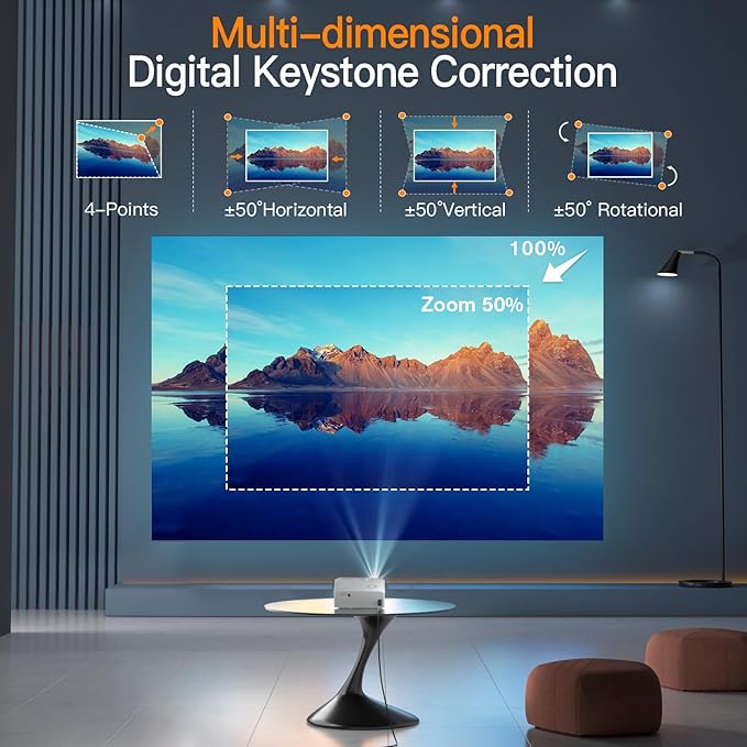 [6D/4P/4K] Projector with WiFi and Bluetooth, VISSPL 4K Supported Video Projector, Electric Keystone, Home Theater Movie Phone Projector Compatible with Android/iOS/Windows/TV Stick/HDMI/USB