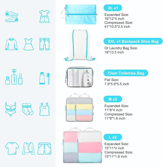 Lightweight Compression Packing Cubes for Suitcases, Compressible Expandable Travel Packing Organizer with Clear Toiletries and Backpack Bag, Travel Essentials for Carry on Luggage 7 Set