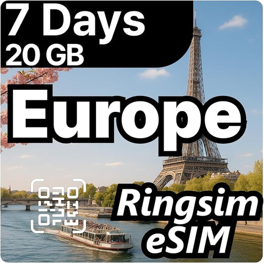 [eSIM] Europe eSIM | 7DAYS 20GB | UK, France, Italy, Spain, Germany | 5G, 4G/LTE, Tethering, Hotspot | eSIM with Instant Activation in 10 Minutes | Travel eSIM by Ringsim